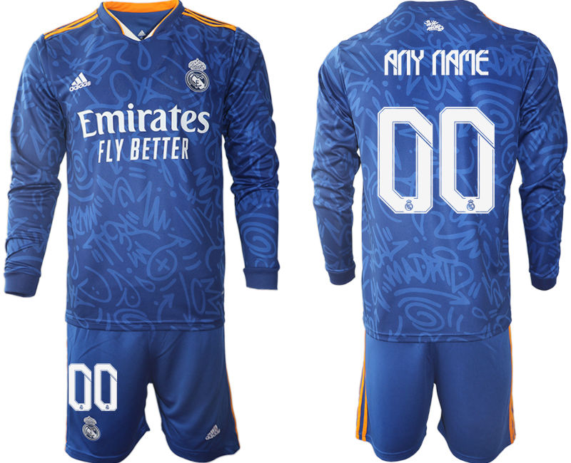 Men 2021-2022 Club Real Madrid away blue Long Sleeve customized Soccer Jersey->customized soccer jersey->Custom Jersey